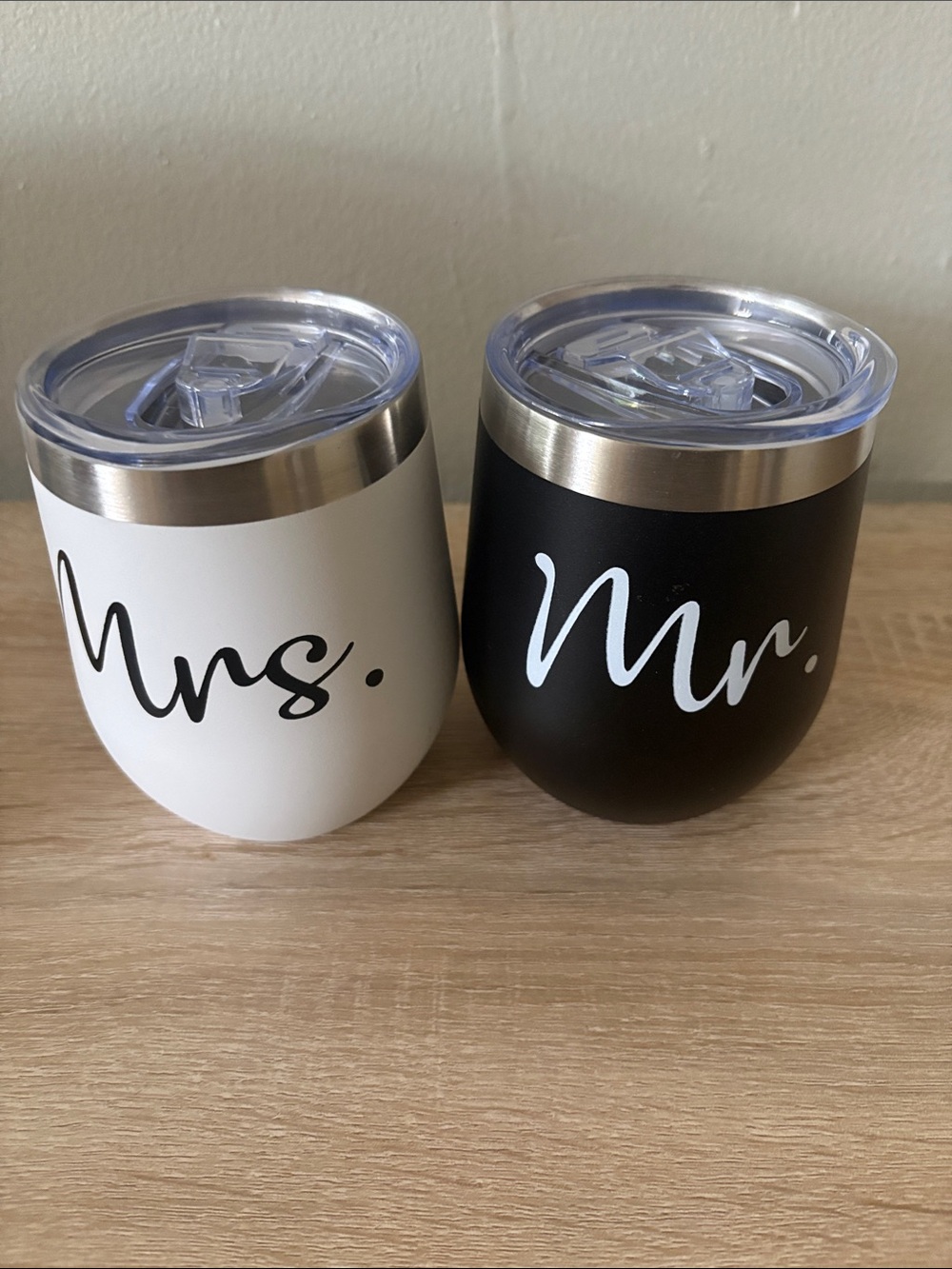 Mr. and Mrs. Stainless Steel Stemless Wine Tumblers - Black & White